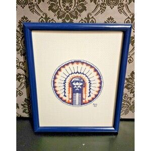 RARE one of a kind Fighting Illini Chief Illiniwek Vintage cross stitch in frame
